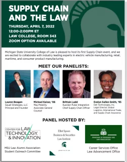 Poster with speakers and other details of April 7 Supply Chain and Law Seminar