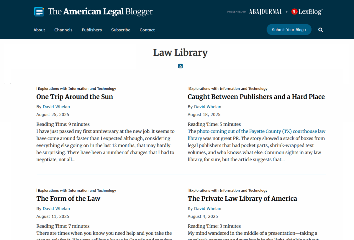 A screenshot with a top blue banner that reads "The American Legal Blogger" and that it is published by the ABA Journal and LexBlog. Four articles from this blog are presented below a channel title that says "Law Library".