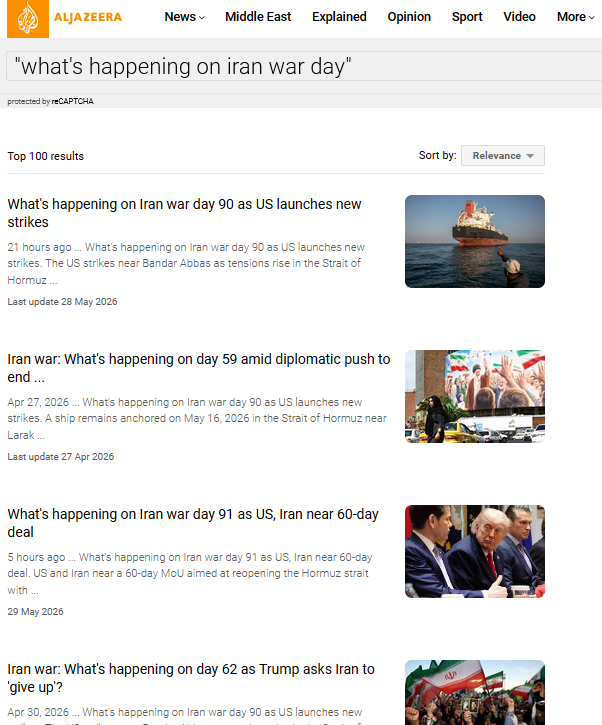 A screenshot of a news platform search result. A list of article headlines with news snippets and featured images.