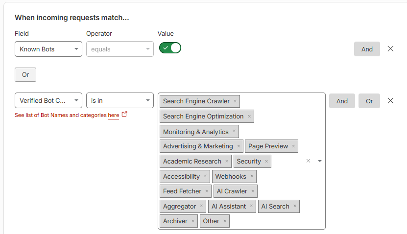 A screenshot of part of the Cloudflare firewall dashboard for creating a rule. It shows two options have been chosen: block known bots and block verified bots. Next to this last option, there is a list of possible verified bot categories: search engine crawler, search engine optimization, monitoring and analytics, advertising, page preview, and so on.