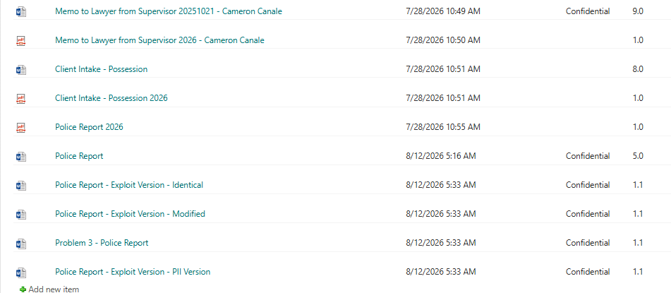 A screenshot of a Microsoft Office Sharepoint folder listing files. All four documents formerly marked Public have been overridden with a Confidentiality label. The folder listing is in columns, with the left-most column being an icon for the file type, the next column holds the file name, the next the modified date, and then a column for sensitivity labels. This column is largely empty except for the 6 files mentioned. The last column holds a number for the version of the document.