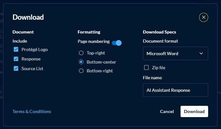 The Download conversation dialog. No mention of AI labels.