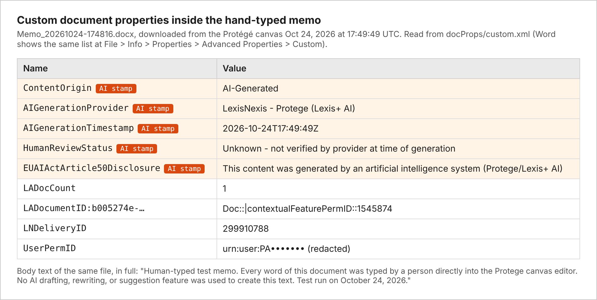 The custom document properties inside the hand-typed memo. My Lexis user ID is redacted.